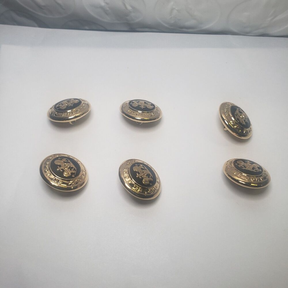 Vintage St. John 6 Gold-tone black enamel shank button Heraldic lion crest .75"